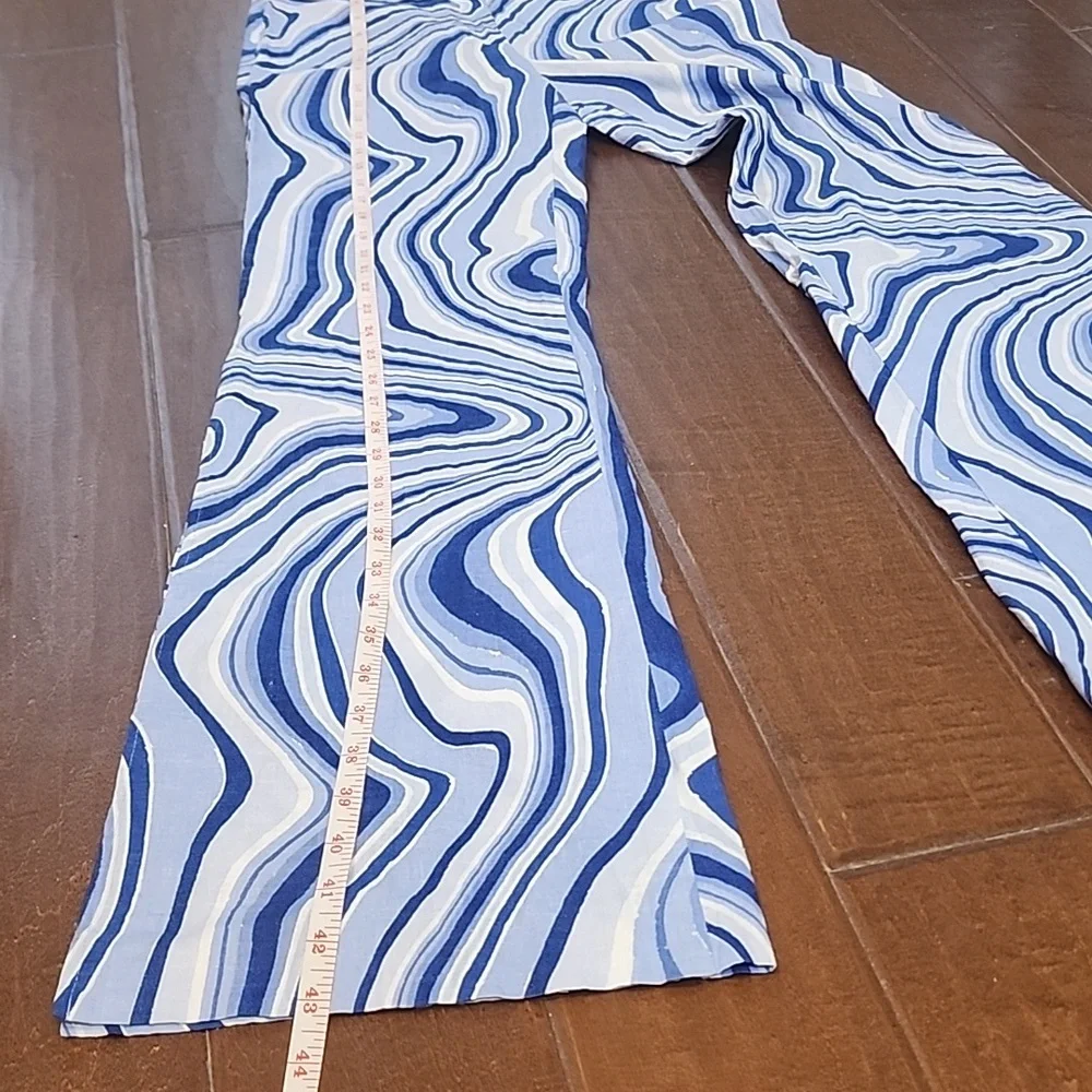 Zara Blue White High Waist Flare Slit Leg Pants Groovy Disco Linen
